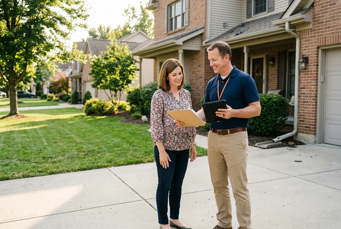 Claims adjuster reviewing property damage report with homeowner, field inspection documentation
