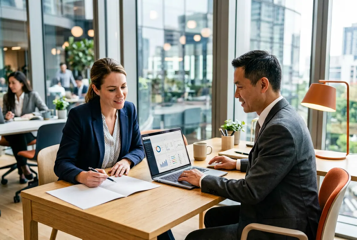 Insurance professionals reviewing policy and claims data in modern office, KORE1 insurance staffing agency