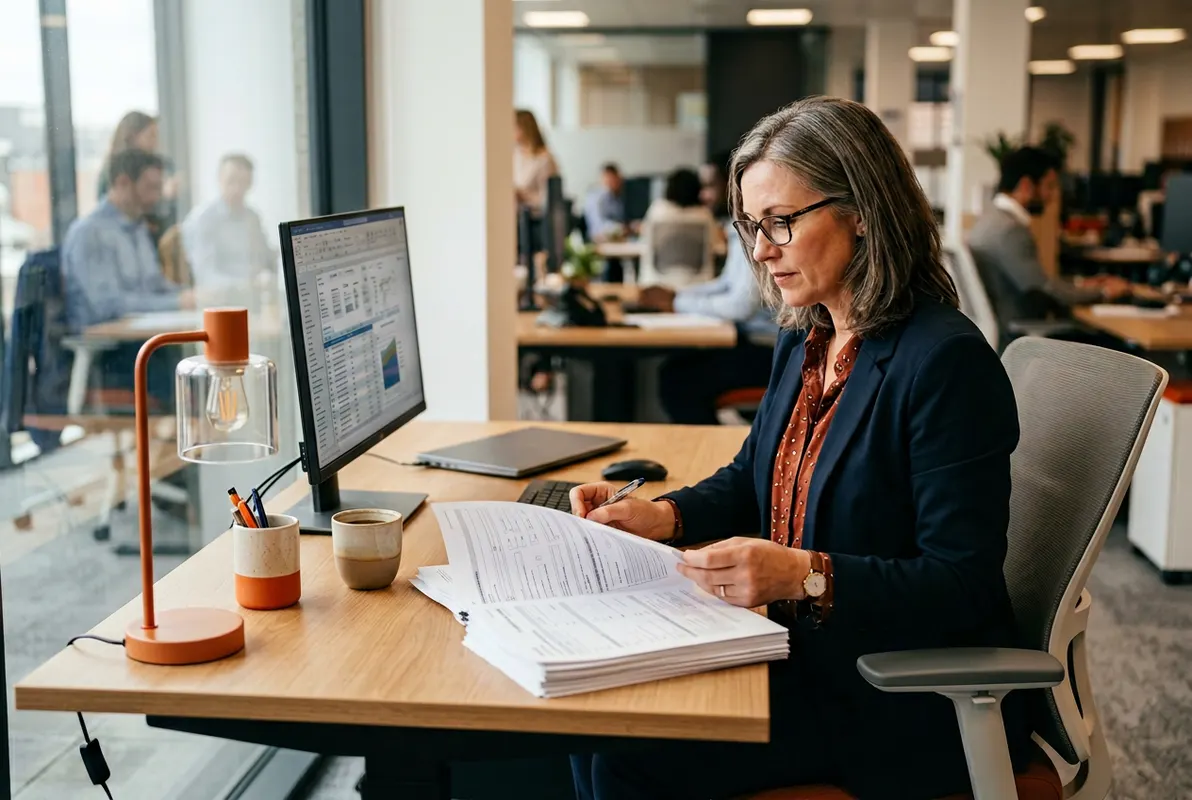 Insurance underwriter reviewing commercial policy application and risk assessment documents