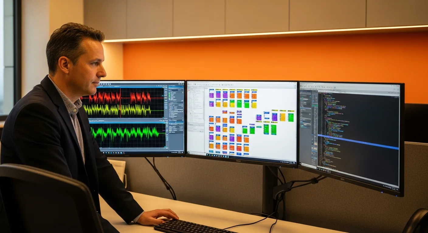 Senior chip design engineer at multi-monitor workstation reviewing RTL waveforms after Intel layoffs 2026