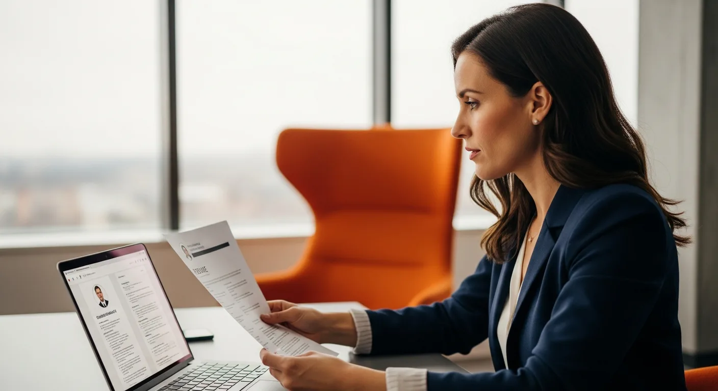 Hiring manager reviewing semiconductor engineer candidate profile during Intel 2026 displacement wave