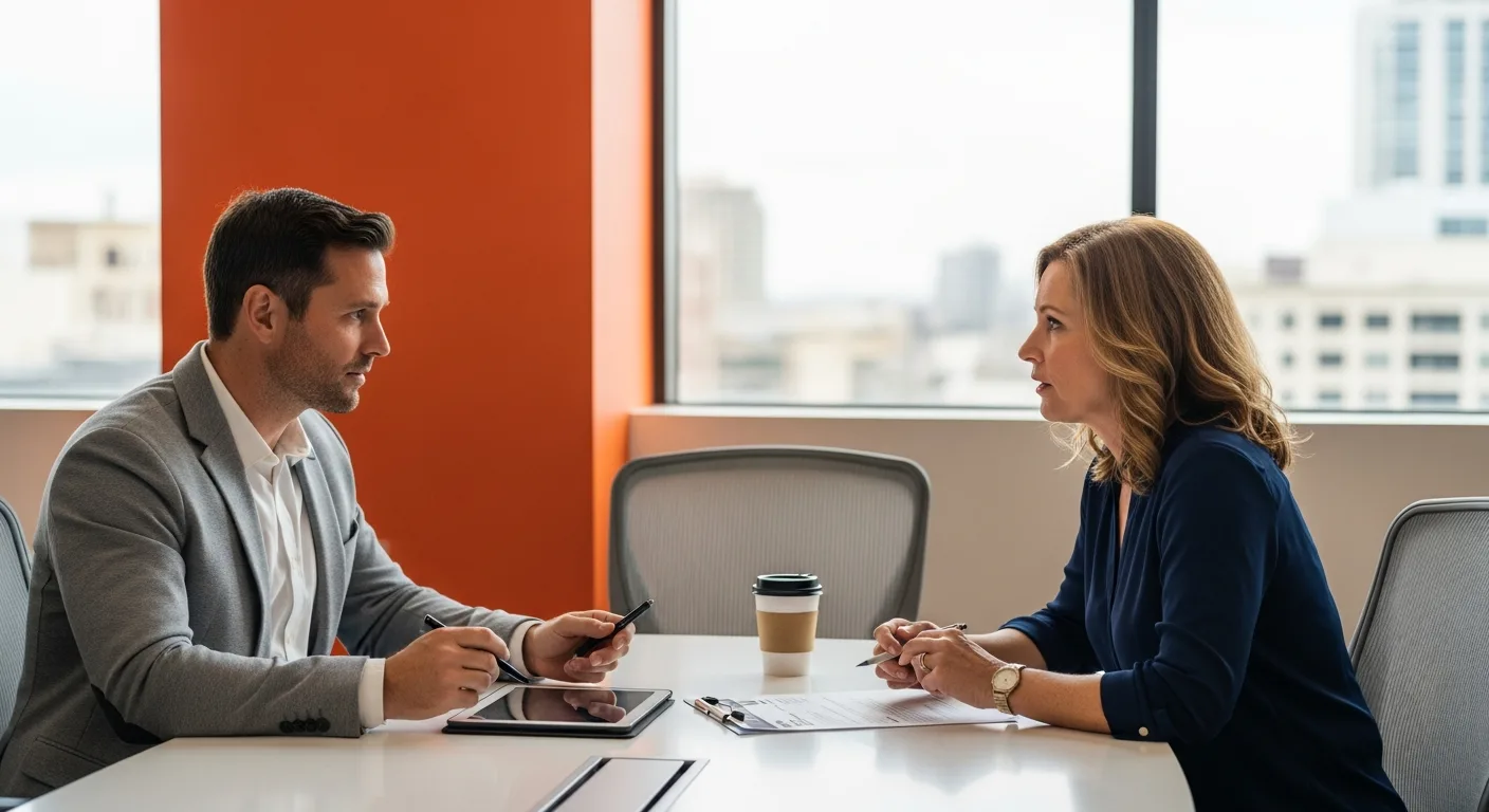 Semiconductor hiring manager and recruiter discussing chip talent pipeline in modern office