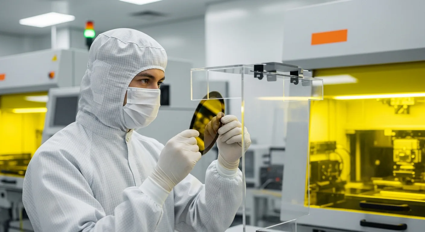 Semiconductor process engineer in cleanroom suit reviewing fab equipment after Intel restructuring