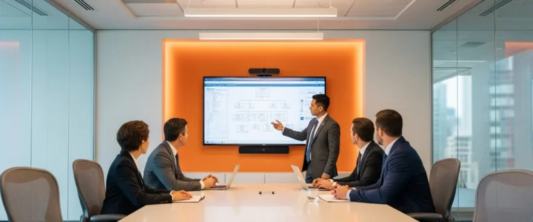 Interim CIO boardroom leadership meeting with executive team discussing technology strategy