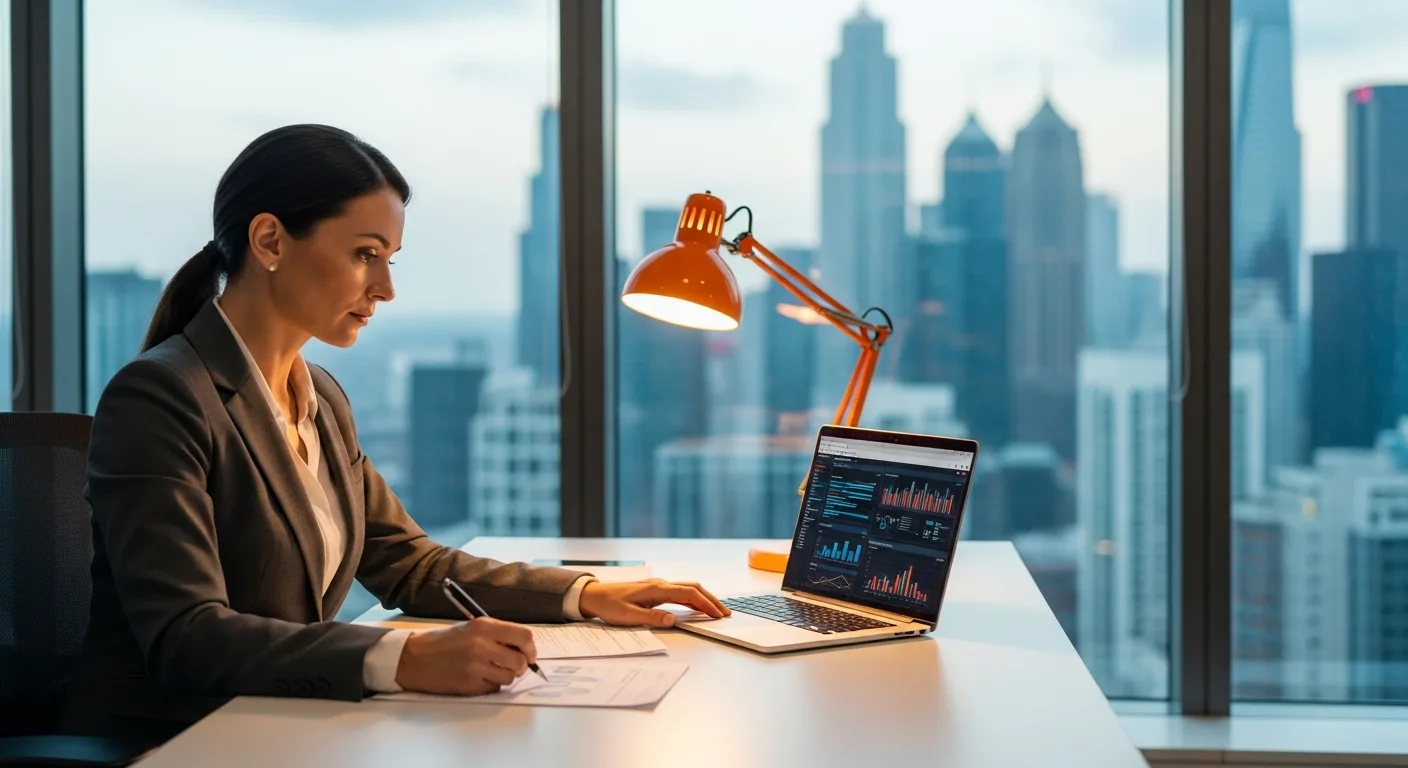 Interim CIO executive reviewing technology dashboards and IT infrastructure reports at desk