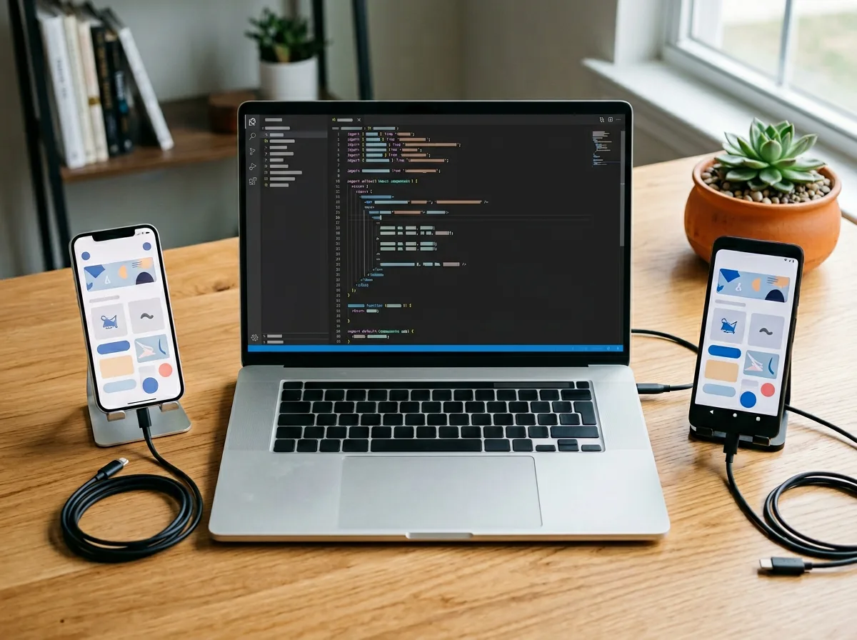 Cross-platform mobile development workspace with iPhone and Android phone alongside a MacBook running React Native
