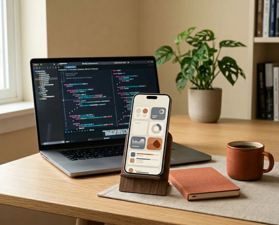 iOS developer workstation with iPhone showing SwiftUI app and MacBook running Xcode, KORE1 iOS developer staffing