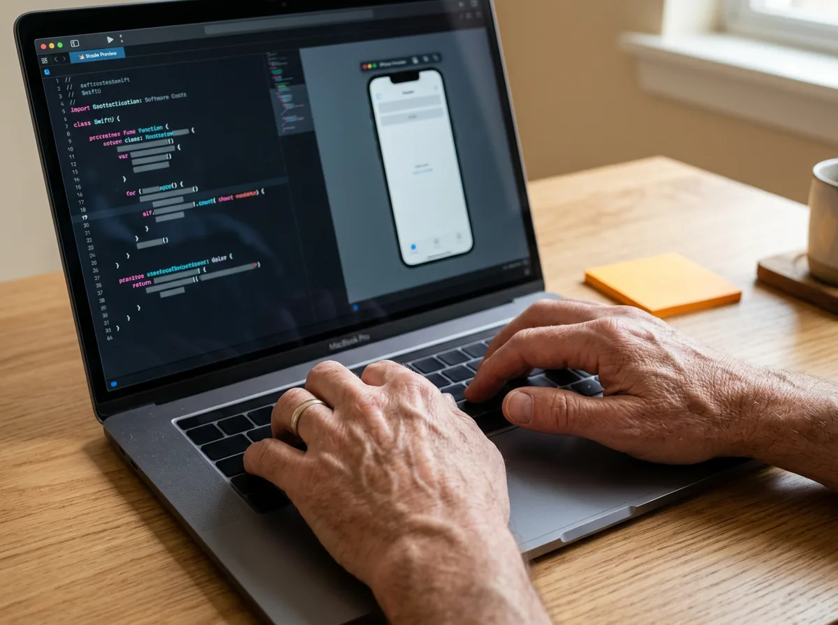 Senior iOS engineer writing Swift code in Xcode with SwiftUI preview visible on MacBook