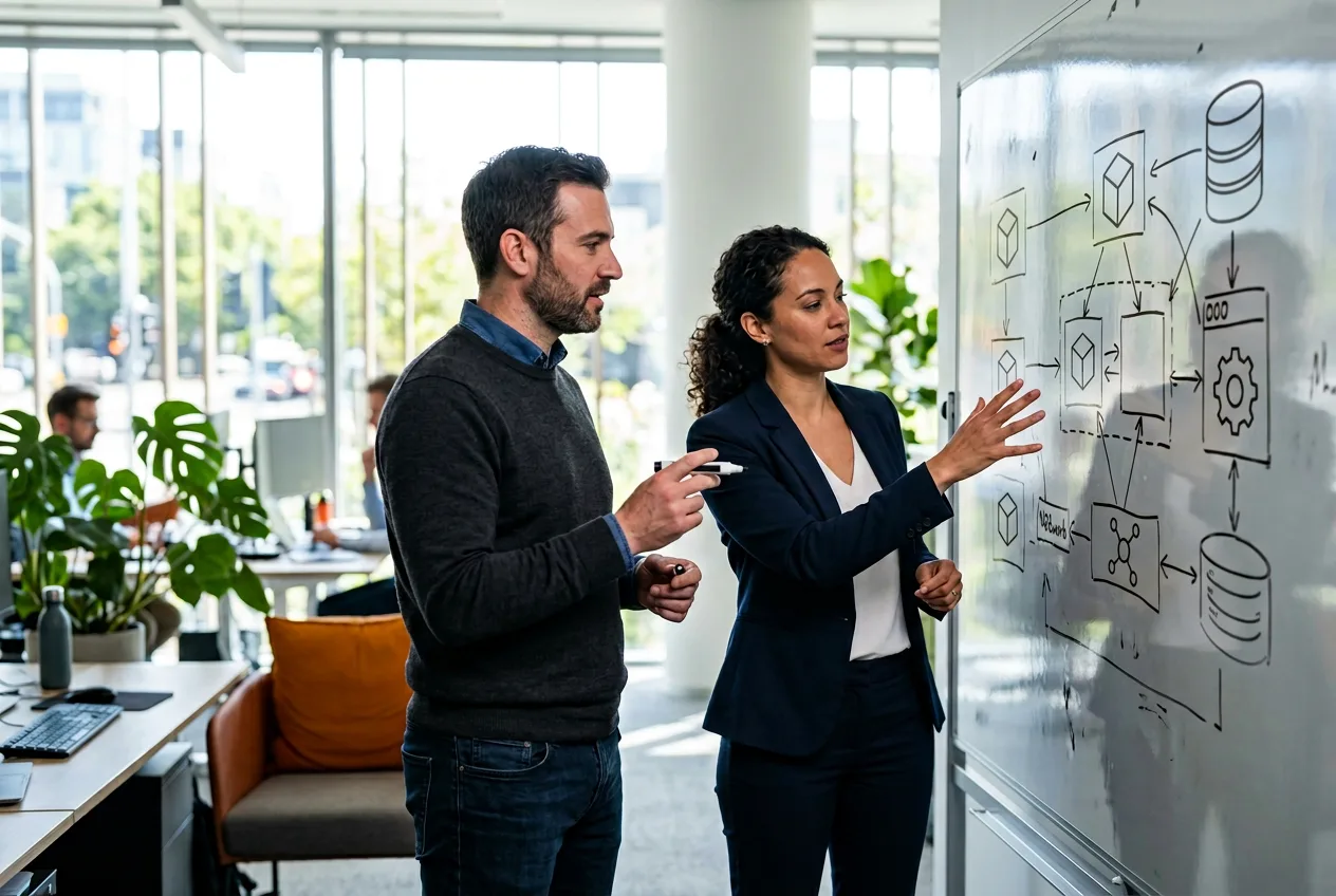 KORE1 iOS technical screening session with two engineers reviewing app architecture on whiteboard