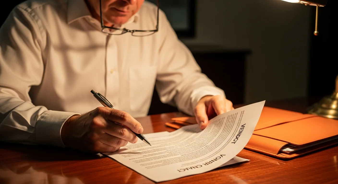 Executive reviewing IT outsourcing vendor contract terms and SLA clauses at desk