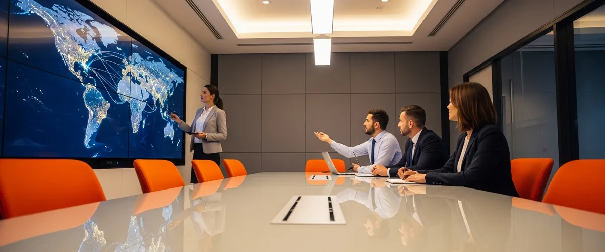 Business leaders discussing IT outsourcing strategy and geographic vendor options in corporate boardroom