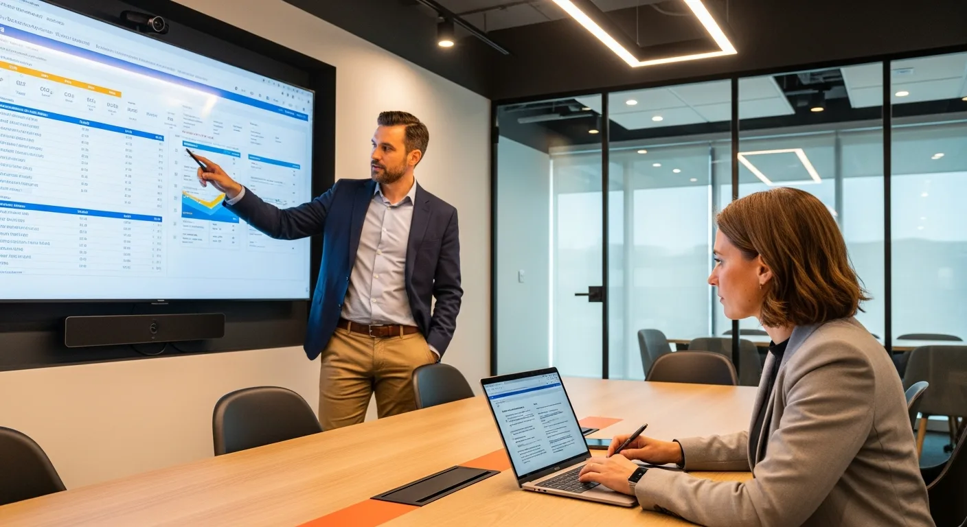 CTO and VP of Engineering reviewing IT outsourcing vendor proposals in a modern conference room
