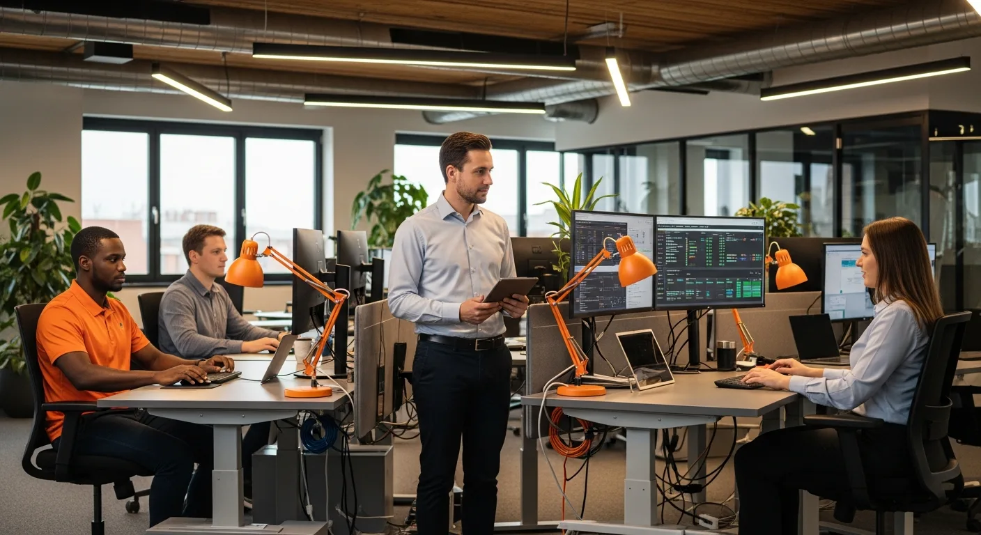 IT team collaborating on outsourced project deployment dashboards in open-plan tech office