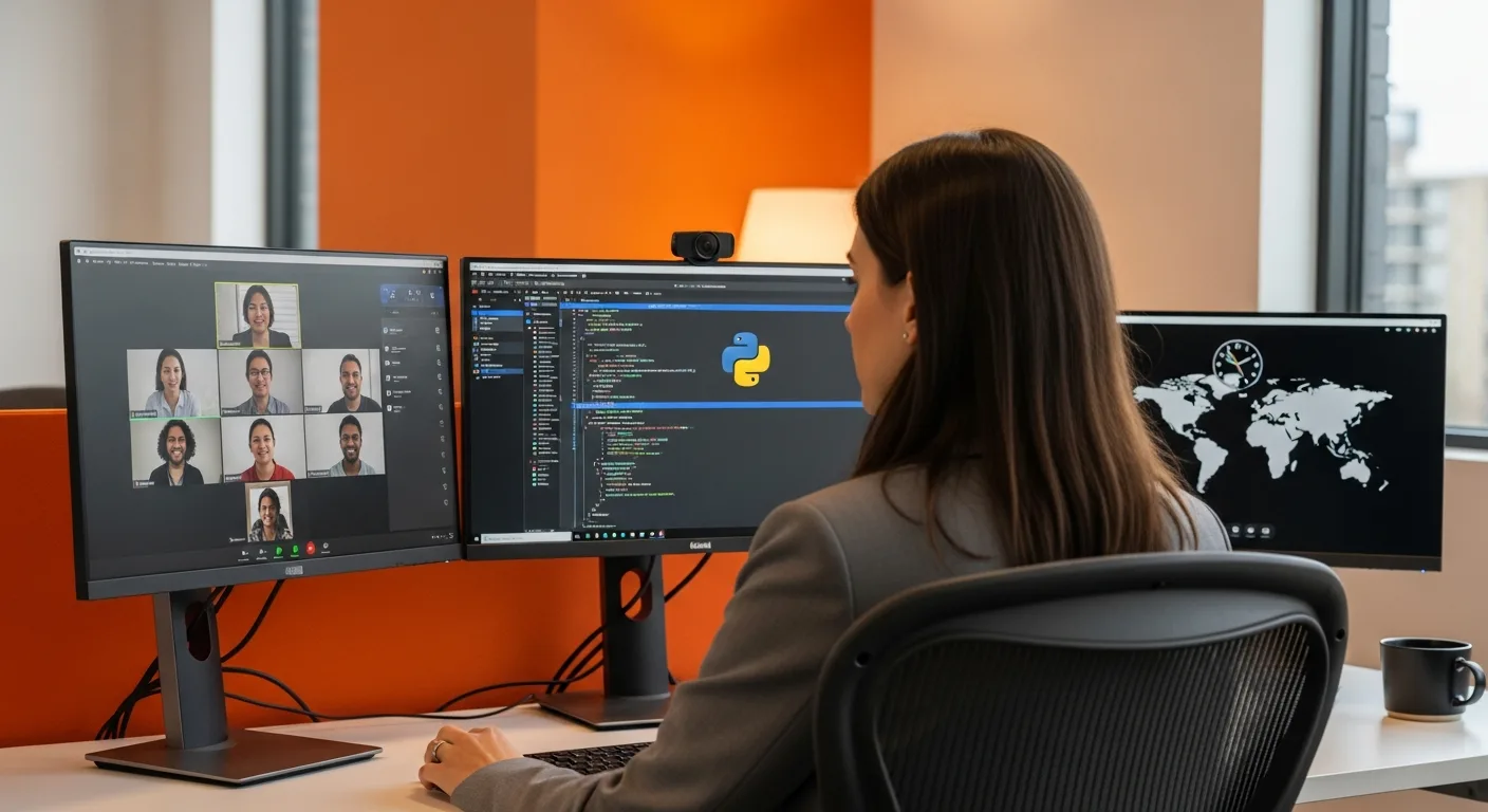 Senior developer collaborating with remote outsourced engineering team via video call at multi-monitor workstation