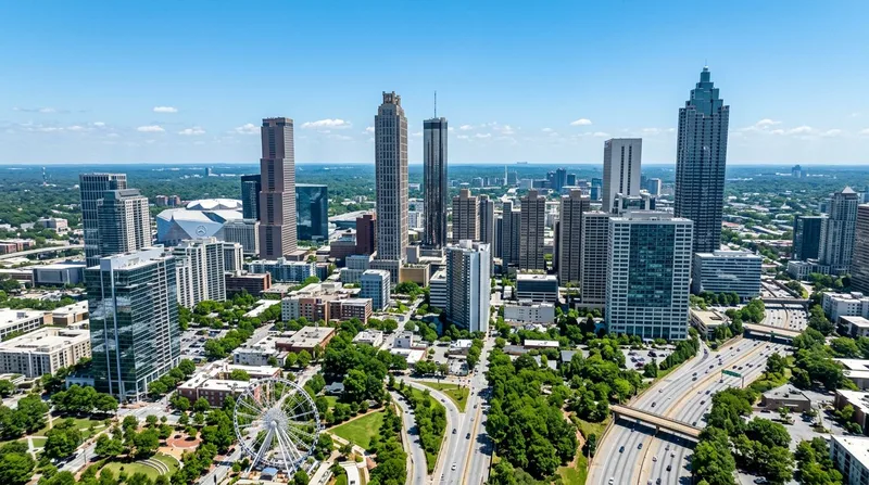 Aerial view of the Atlanta skyline showing Midtown and Downtown business districts