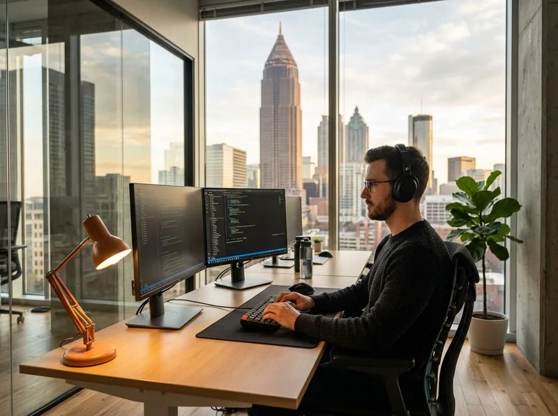 Software developer at a workstation with Atlanta skyline visible through the window