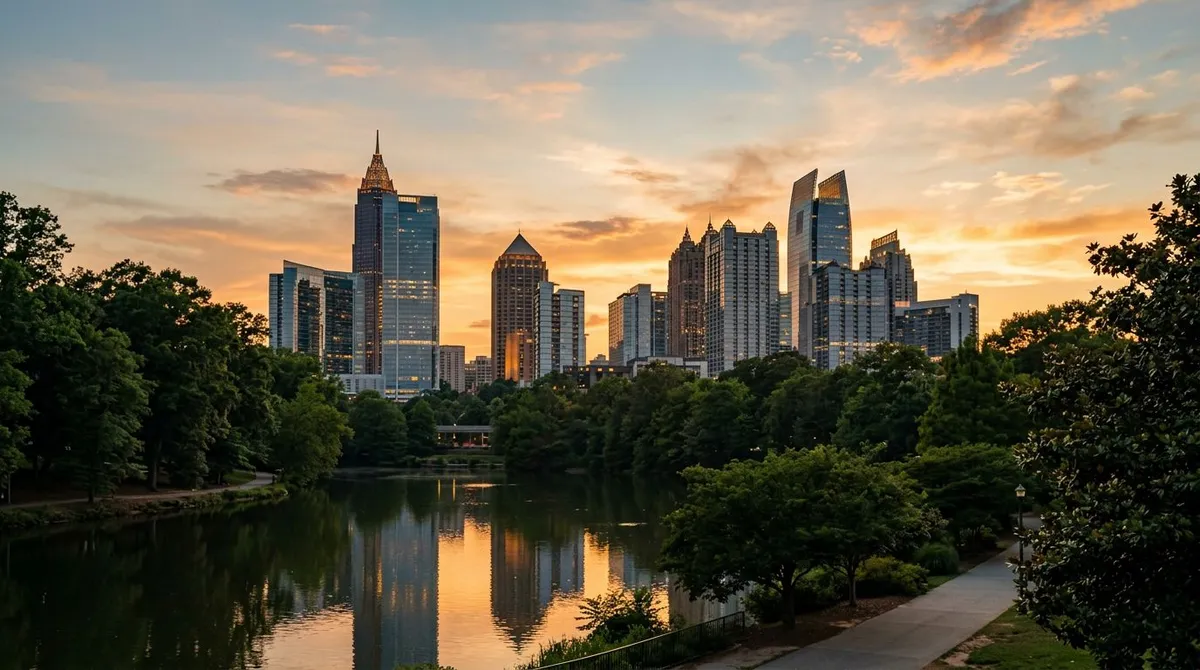 Atlanta skyline with Midtown tech office towers at golden hour