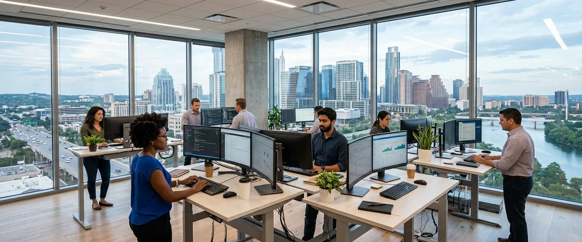IT staffing professionals in a modern Austin Texas office with downtown skyline