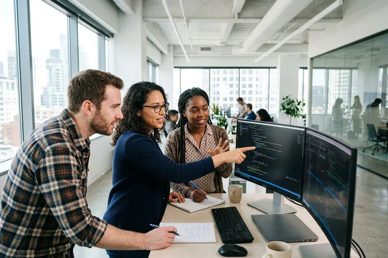IT professionals collaborating on a project in an Austin technology office