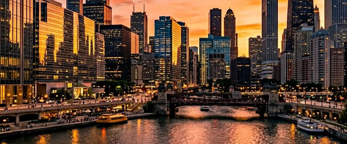 Downtown Chicago skyline at golden hour with modern glass office towers along the Chicago River