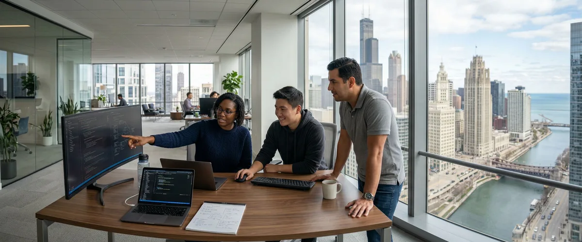 IT staffing professionals collaborating in a modern Chicago office with the downtown skyline visible through floor-to-ceiling windows