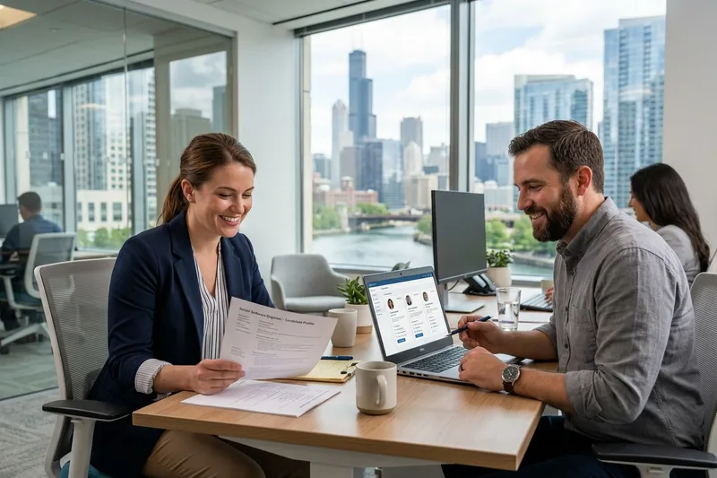 KORE1 recruiters reviewing IT candidate profiles for Chicago employers in a modern office
