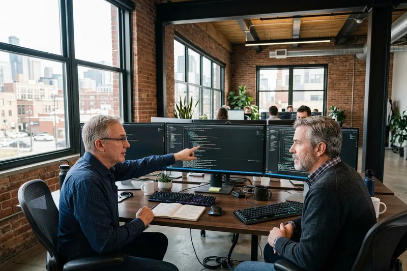 IT engineers reviewing code on multiple monitors at a Chicago tech company office
