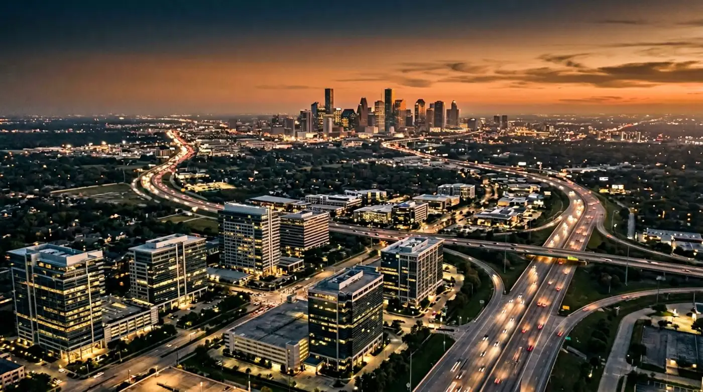 Aerial view of the Houston Energy Corridor and downtown skyline at dusk