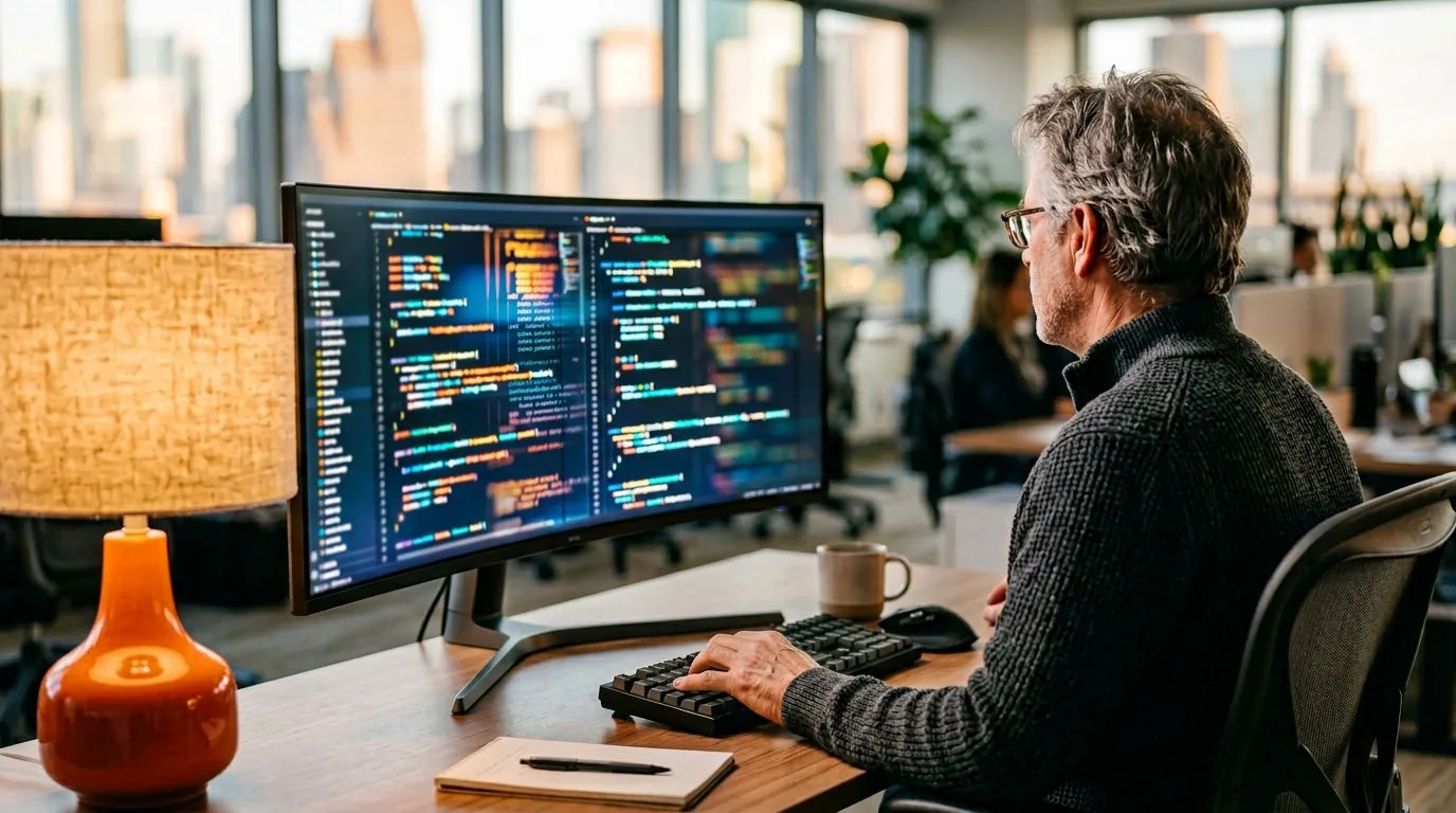 Senior software engineer reviewing code on a monitor at a Houston technology company