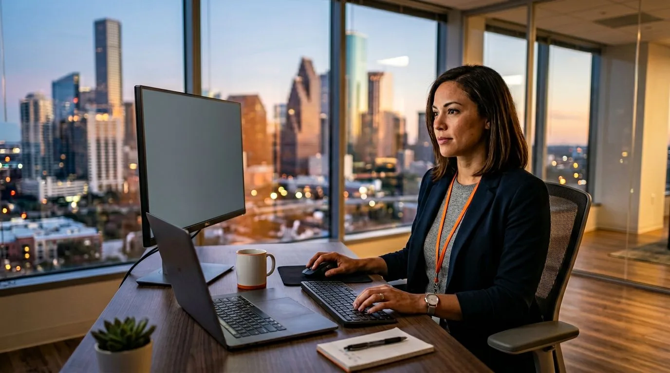 Houston IT professional at a modern office desk with the downtown skyline through the window at dusk
