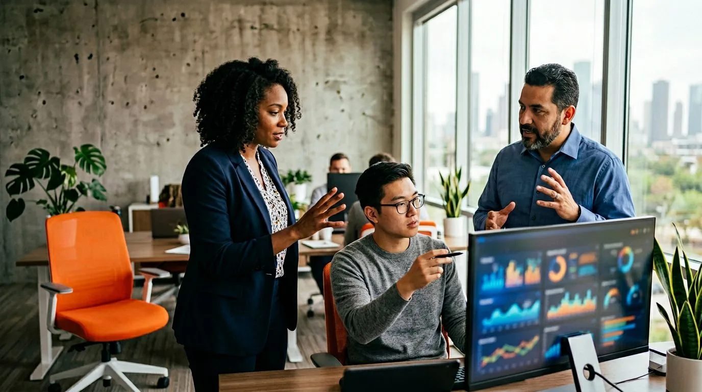 Diverse IT team collaborating in a modern Houston office near the Energy Corridor