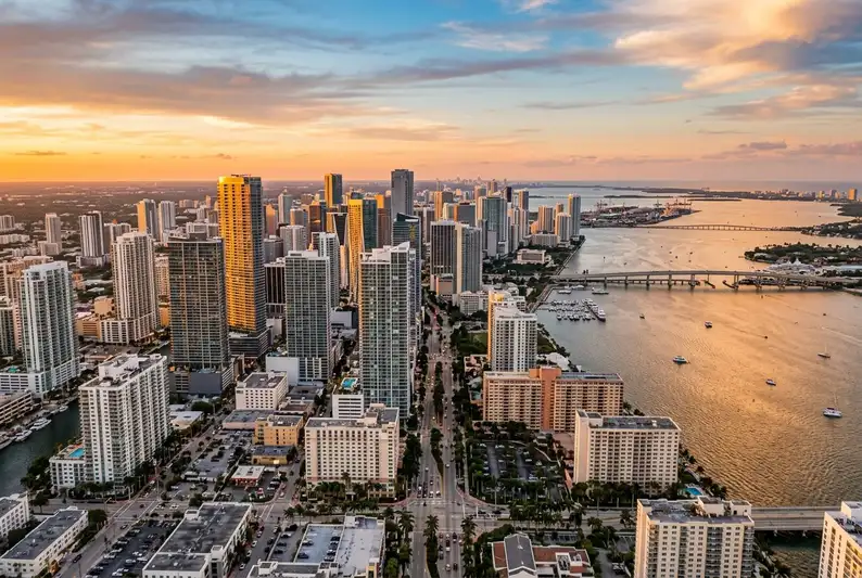 Aerial view of downtown Miami and Brickell financial district tech corridor