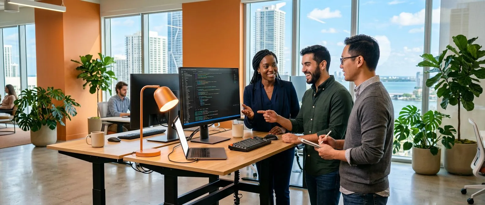 IT staffing professionals collaborating in a modern Miami office with Brickell skyline