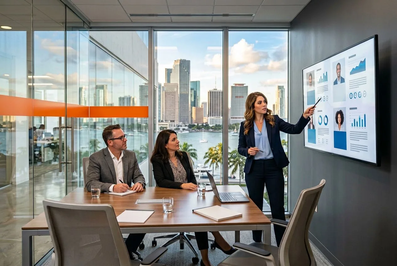 IT recruiter and hiring manager reviewing candidate profiles in a Miami conference room