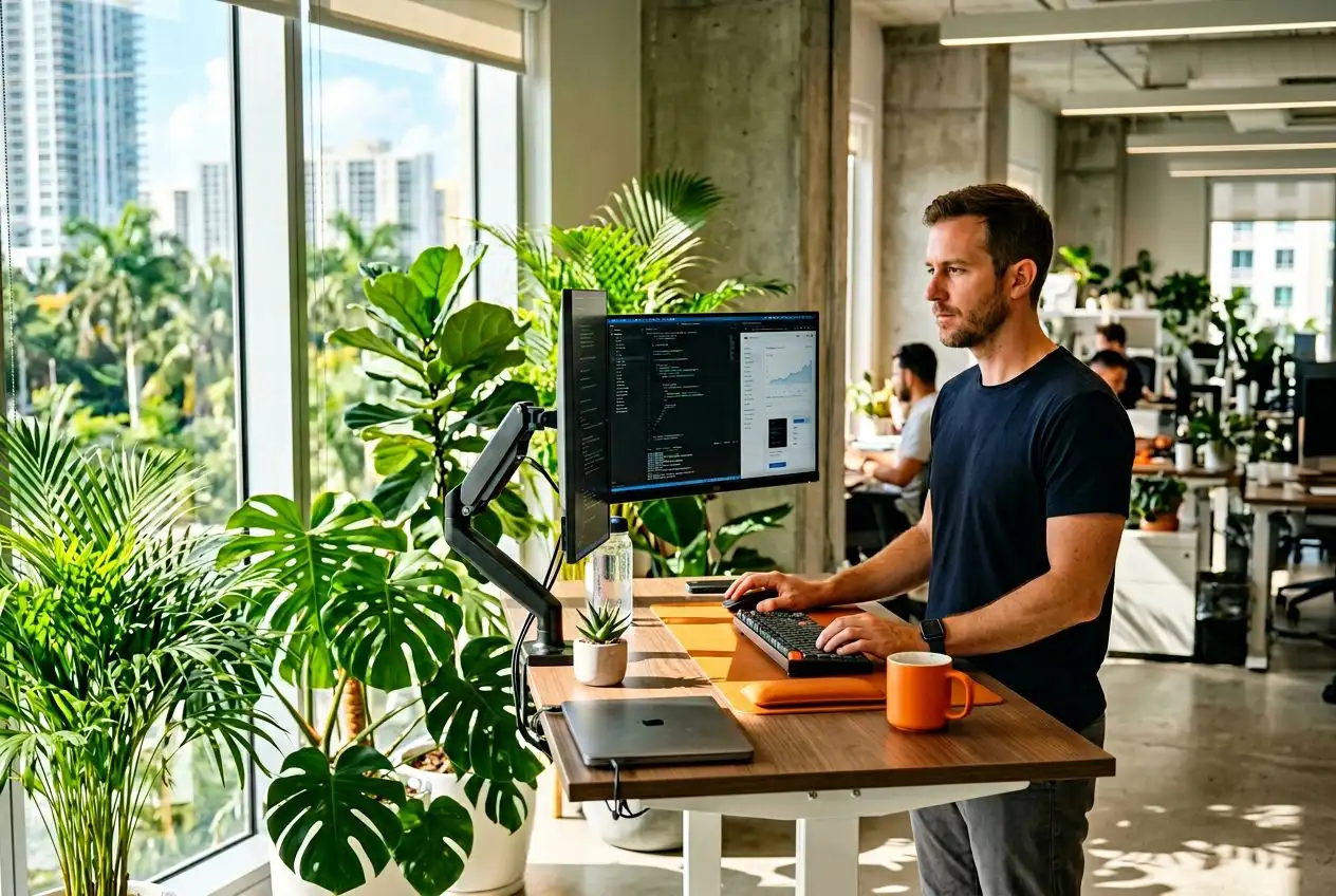 Software developers working in a bright Miami tech office with tropical plants