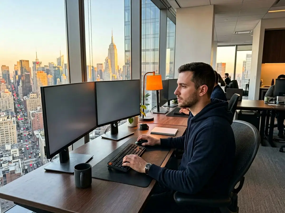 Software developer working at a workstation with New York City skyline view