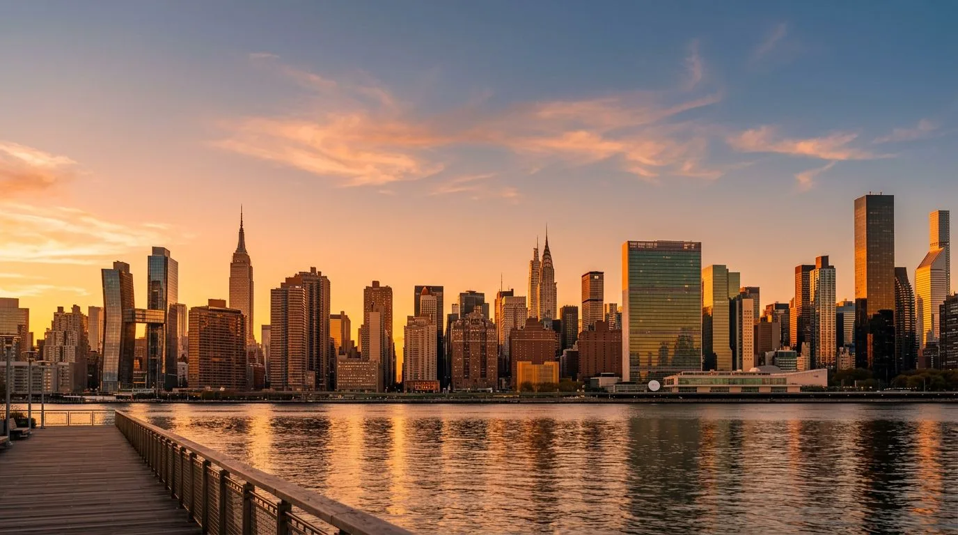 New York City skyline with modern tech office towers at golden hour