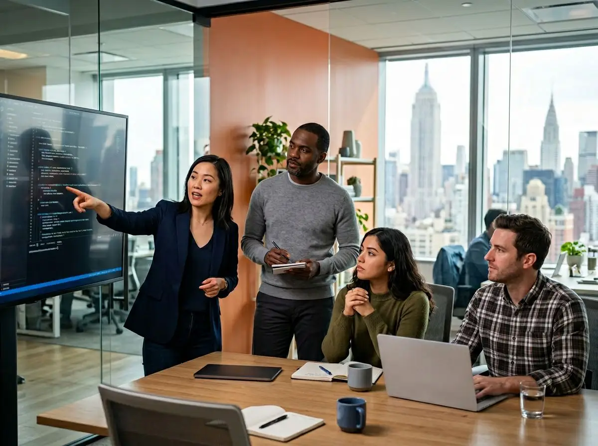 IT professionals collaborating in a New York City tech office