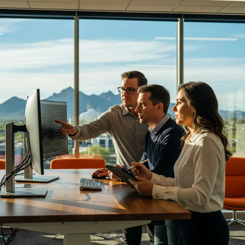 IT professionals collaborating in a modern Phoenix technology office with desert landscape visible through windows