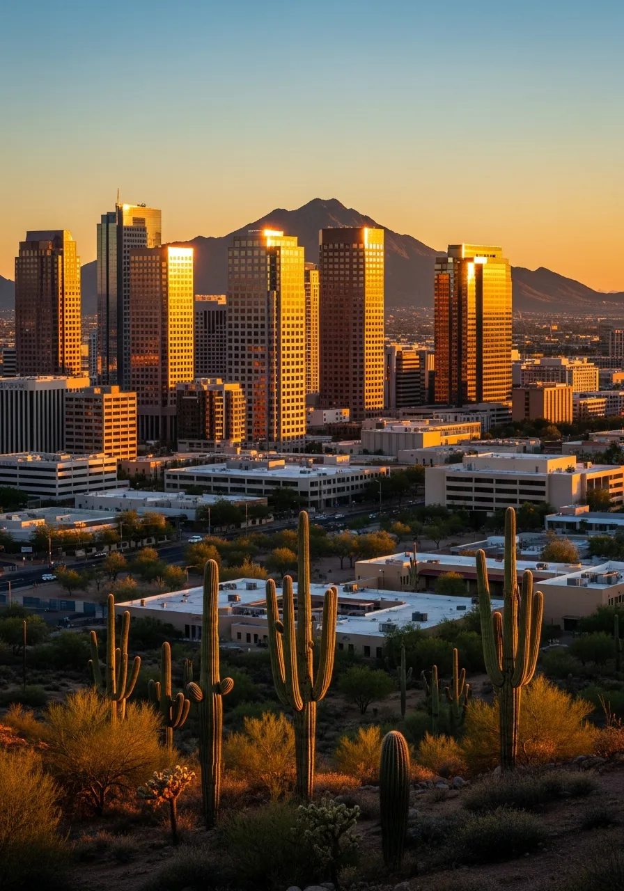 Phoenix metropolitan skyline with modern office buildings and Camelback Mountain in the background