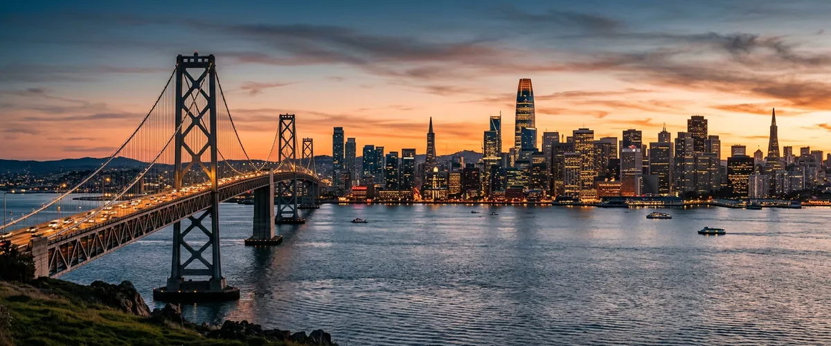 San Francisco downtown skyline at golden hour with Salesforce Tower and Bay Bridge