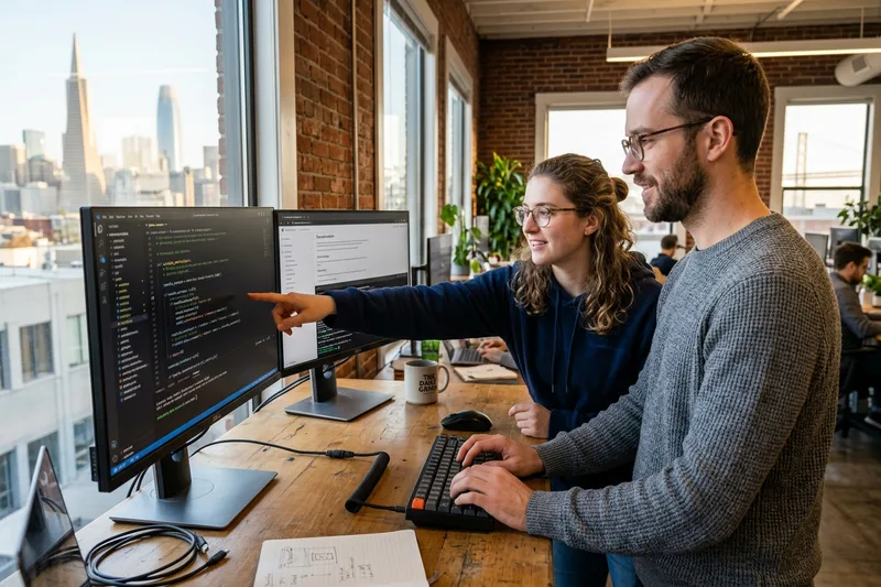 Software engineers pair programming at a standing desk in a San Francisco startup office