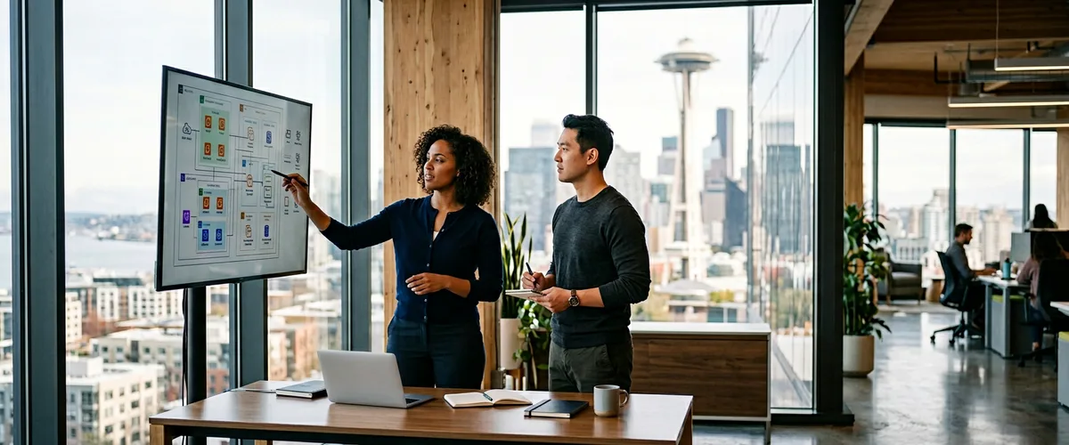 IT staffing team in a Seattle office reviewing cloud architecture with the downtown skyline behind them