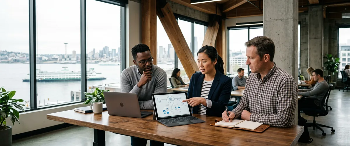 IT staffing professionals meeting in a modern Seattle office with Puget Sound skyline in the background