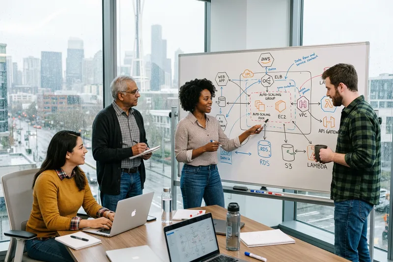 IT professionals collaborating on cloud architecture in a Seattle tech office