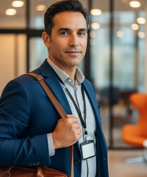 IT contractor carrying a laptop bag and wearing a visitor badge at a client office entrance, reflecting the 2026 shift toward contract staffing models