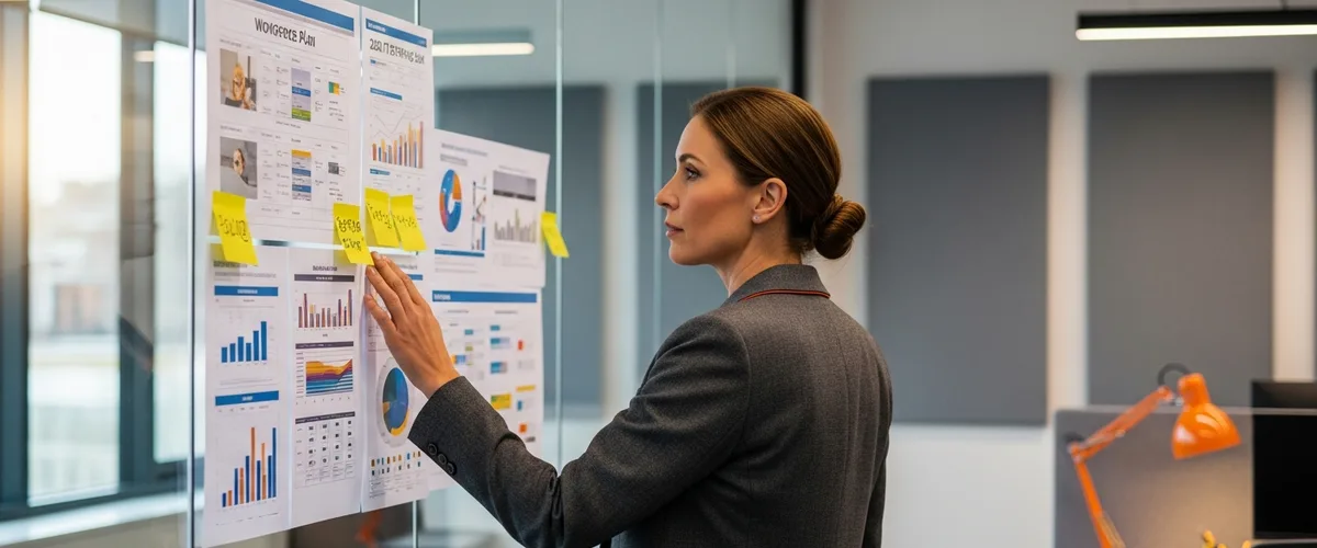 Hiring manager reviewing a 2026 IT staffing planning board in a modern office