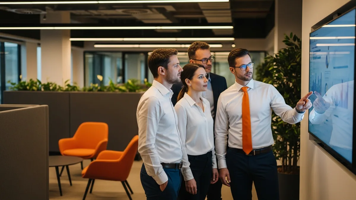 Hiring team reviewing 2026 IT staffing trends and workforce plans on a large monitor in a modern office