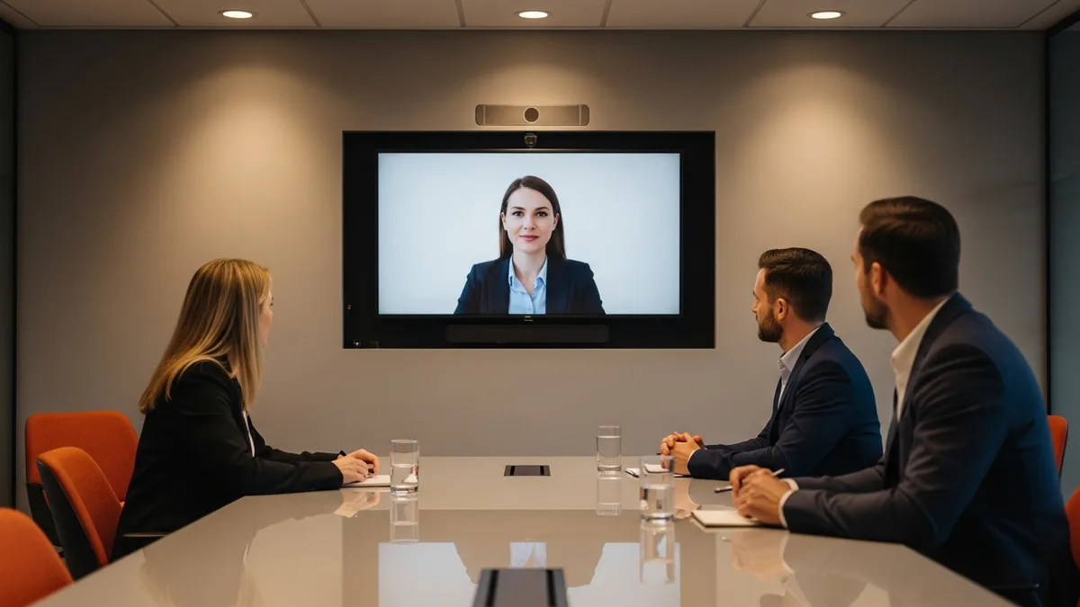 Hybrid interview panel with remote candidate on a large video conference screen, reflecting the 2026 remote-plus-onsite hiring model for IT roles