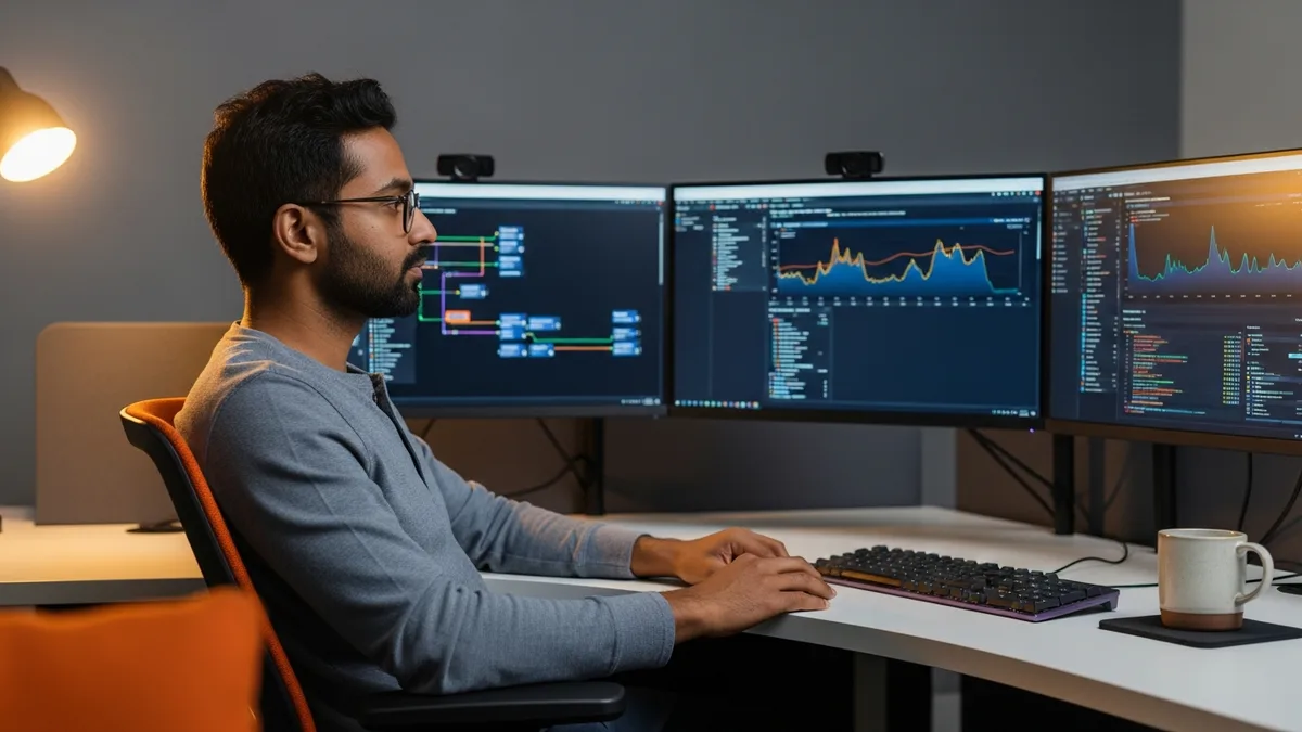Machine learning engineer at a modern workstation with monitoring dashboards on screen, reflecting the 2026 applied AI hiring gap
